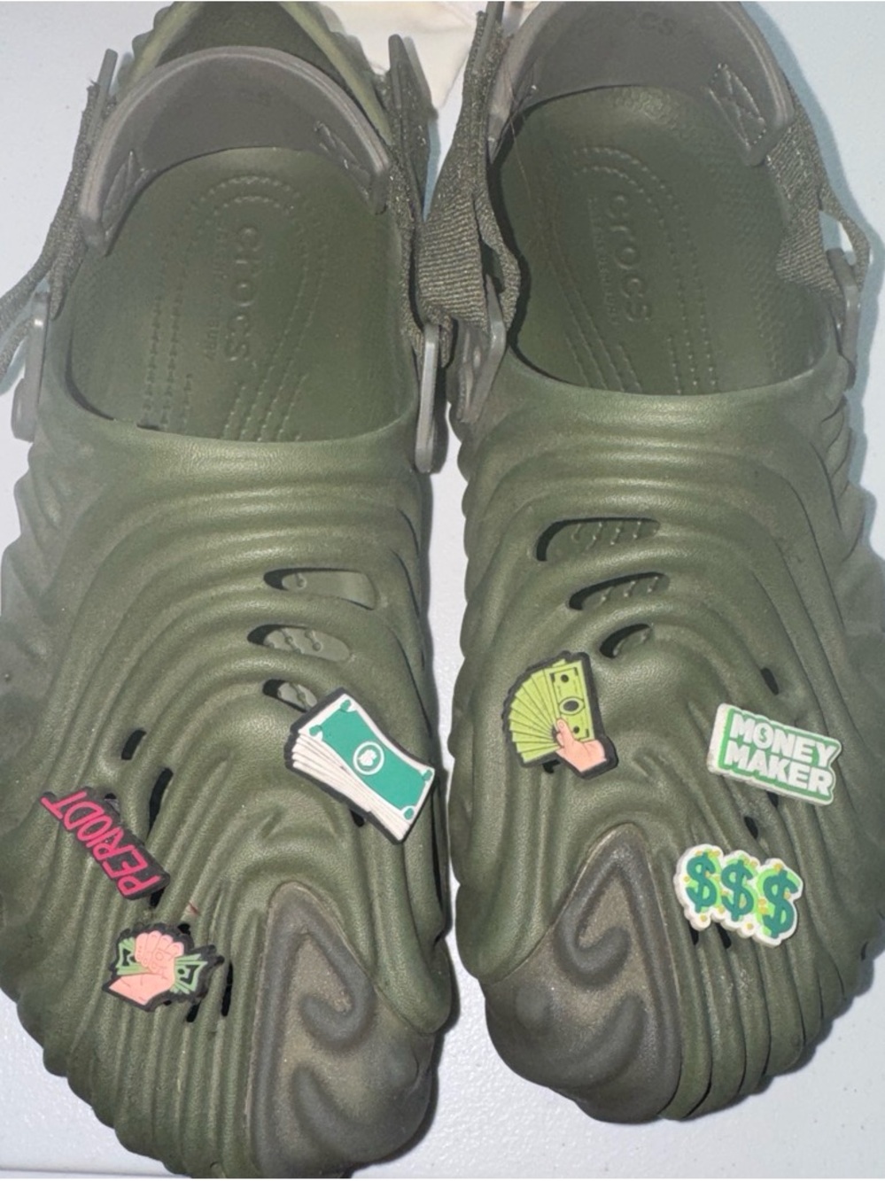 CROCS Olive Green Slip-On Clogs with Money Charm Accents
